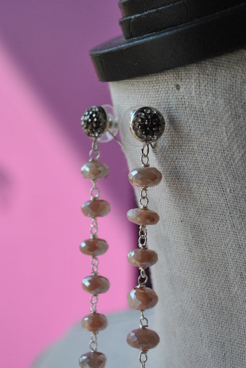 PEACH MOONSTONES WHITE PEARLS AND SWAROVSKI CRYSTALS LONG STATEMENT EARRINGS
