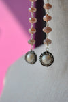 PEACH MOONSTONES WHITE PEARLS AND SWAROVSKI CRYSTALS LONG STATEMENT EARRINGS