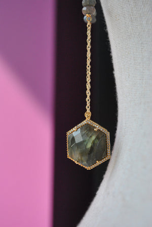 NATURAL LABRADORITE AND RHINESTONES 14KT GOLD ON SILVER LONG EARRINGS