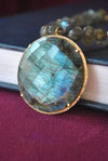 LABRADORITE TEARDROP AND COIN PENDANT ON GOLD NECKLACE