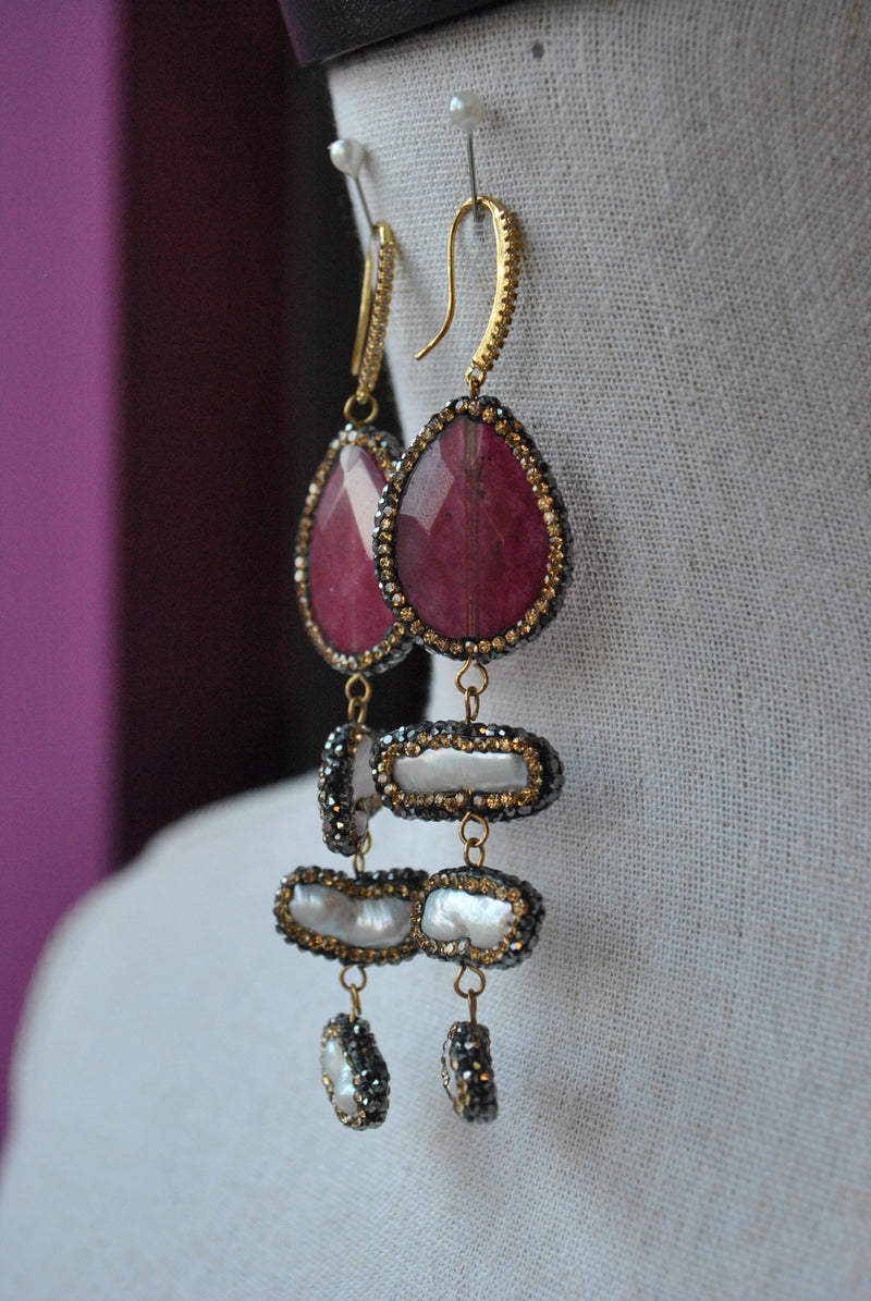 FUCHSIA AGATE AND MOTHER OF PEARLS WITH  SWAROVSKI CRYSTALS STATEMENT EARRINGS