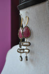 FUCHSIA AGATE AND MOTHER OF PEARLS WITH  SWAROVSKI CRYSTALS STATEMENT EARRINGS