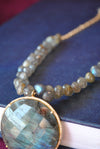 LABRADORITE TEARDROP AND COIN PENDANT ON GOLD NECKLACE