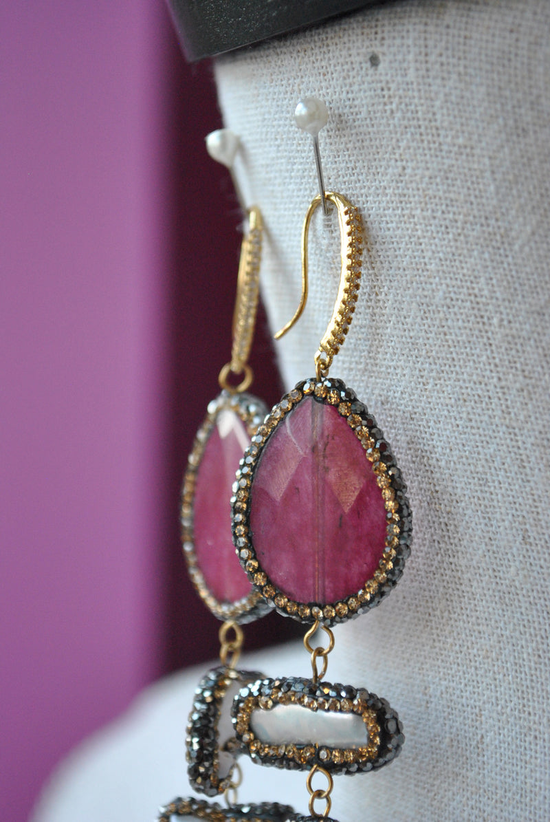FUCHSIA AGATE AND MOTHER OF PEARLS WITH  SWAROVSKI CRYSTALS STATEMENT EARRINGS