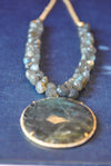 LABRADORITE TEARDROP AND COIN PENDANT ON GOLD NECKLACE