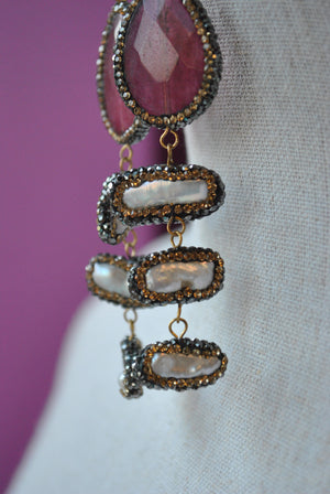 FUCHSIA AGATE AND MOTHER OF PEARLS WITH  SWAROVSKI CRYSTALS STATEMENT EARRINGS