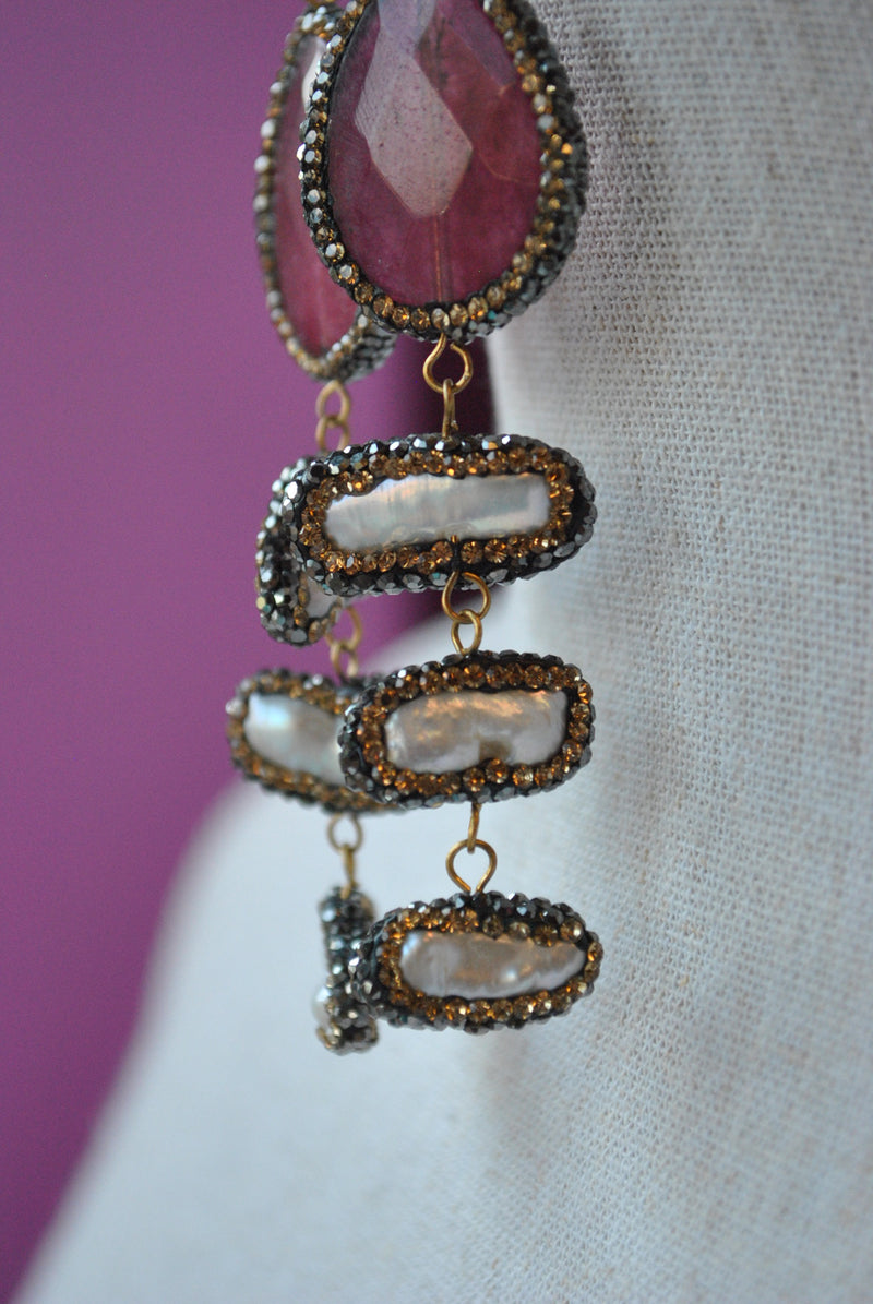 FUCHSIA AGATE AND MOTHER OF PEARLS WITH  SWAROVSKI CRYSTALS STATEMENT EARRINGS