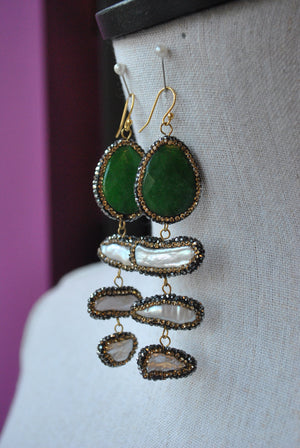 GREEN AGATE AND MOTHER OF PEARLS WITH SWAROVSKI CRYSTALS LONG STATEMENT EARRINGS