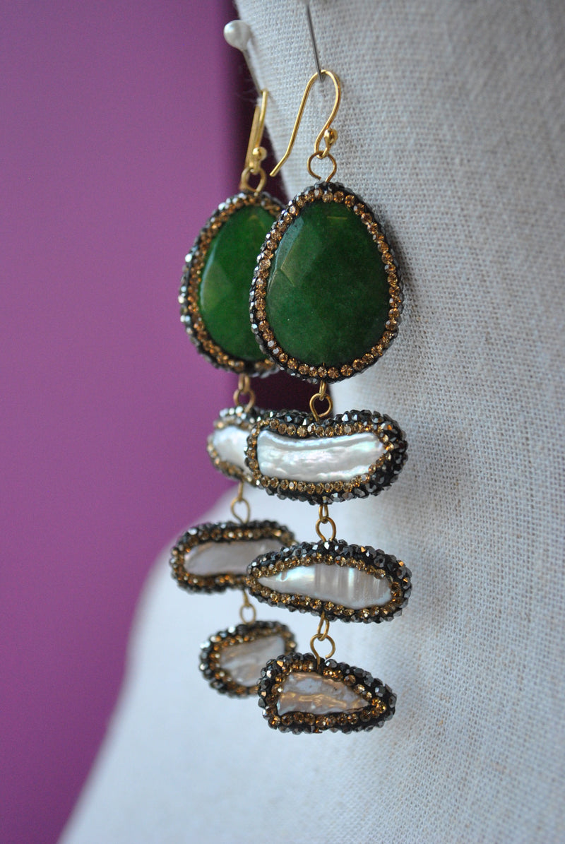 GREEN AGATE AND MOTHER OF PEARLS WITH SWAROVSKI CRYSTALS LONG STATEMENT EARRINGS