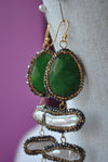 GREEN AGATE AND MOTHER OF PEARLS WITH SWAROVSKI CRYSTALS LONG STATEMENT EARRINGS