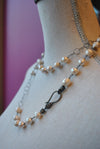 OFF WHITE FRESHWATER PEARLS AND GUNMETAL FINISH SILVER CHAIN LONG NECKLACE