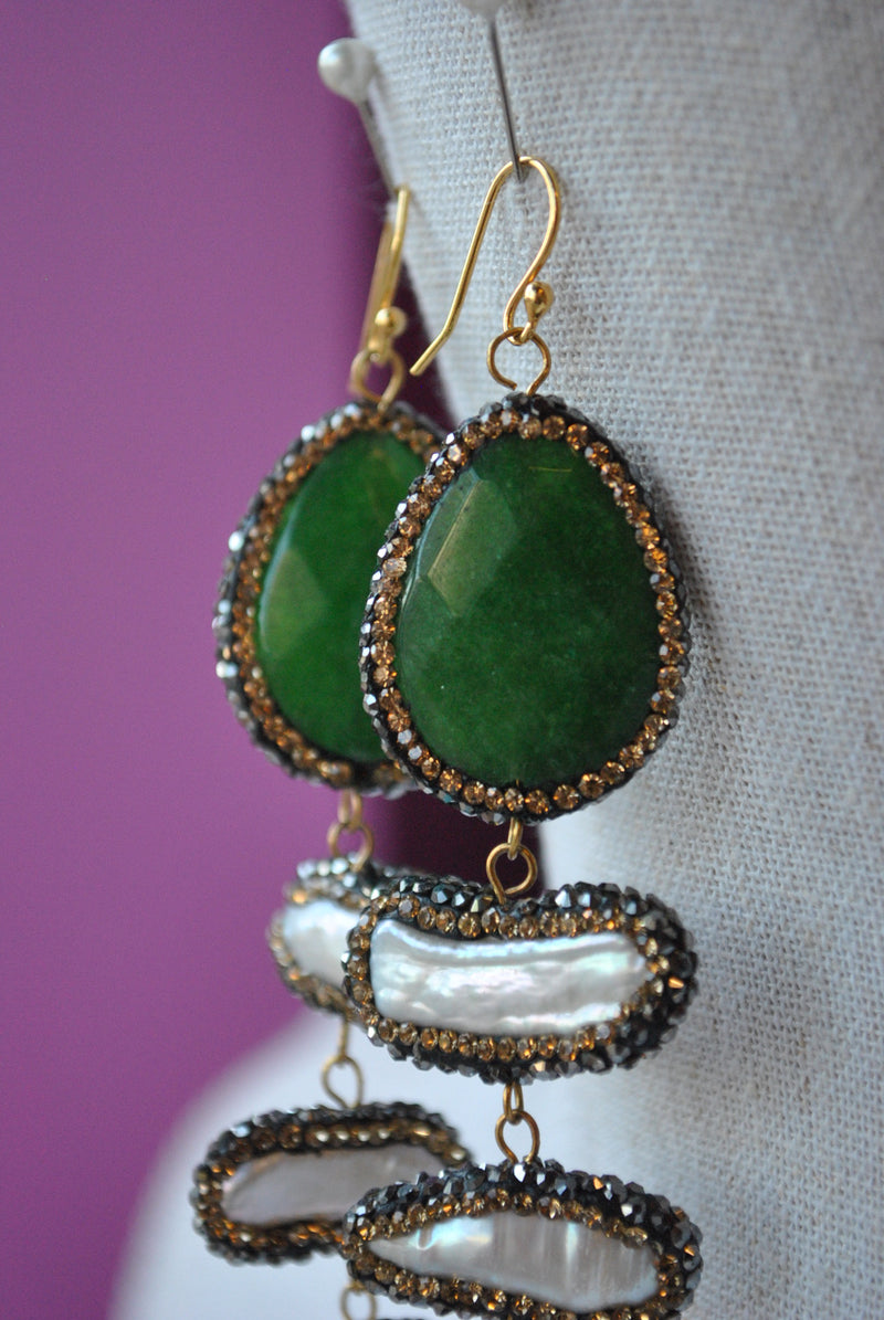 GREEN AGATE AND MOTHER OF PEARLS WITH SWAROVSKI CRYSTALS LONG STATEMENT EARRINGS