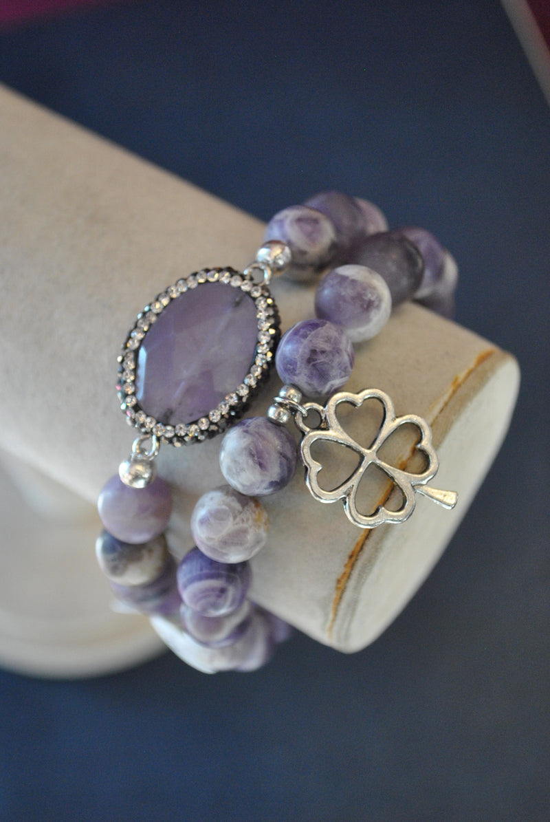 FROZEN AMETHYST AND SWAROVSKI CRYSTALS STRETCHY BRACELETS SET