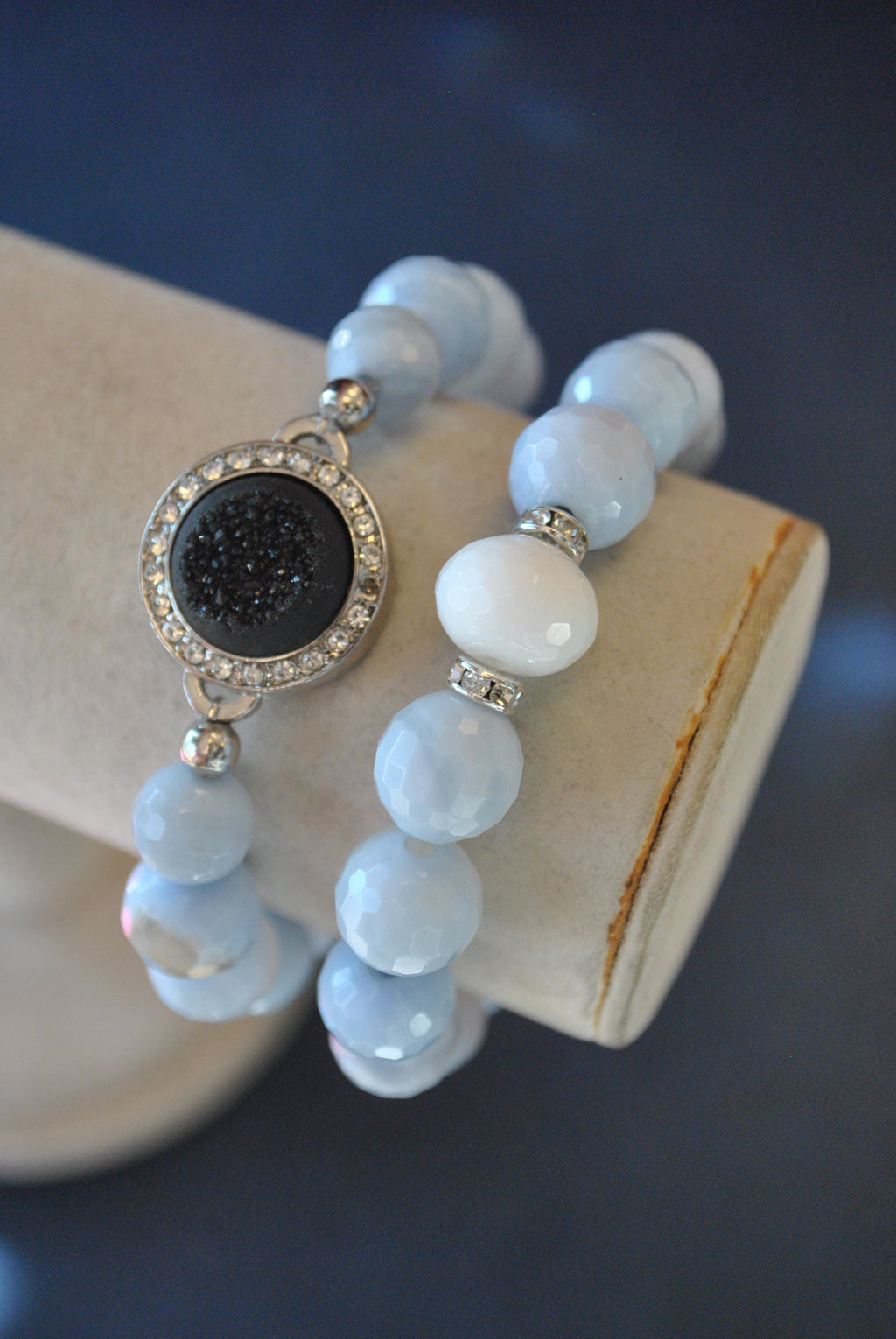 BLUE LACE AGATE WITH BLACK DRUZY CHARM STRETCHY BRACELETS SET