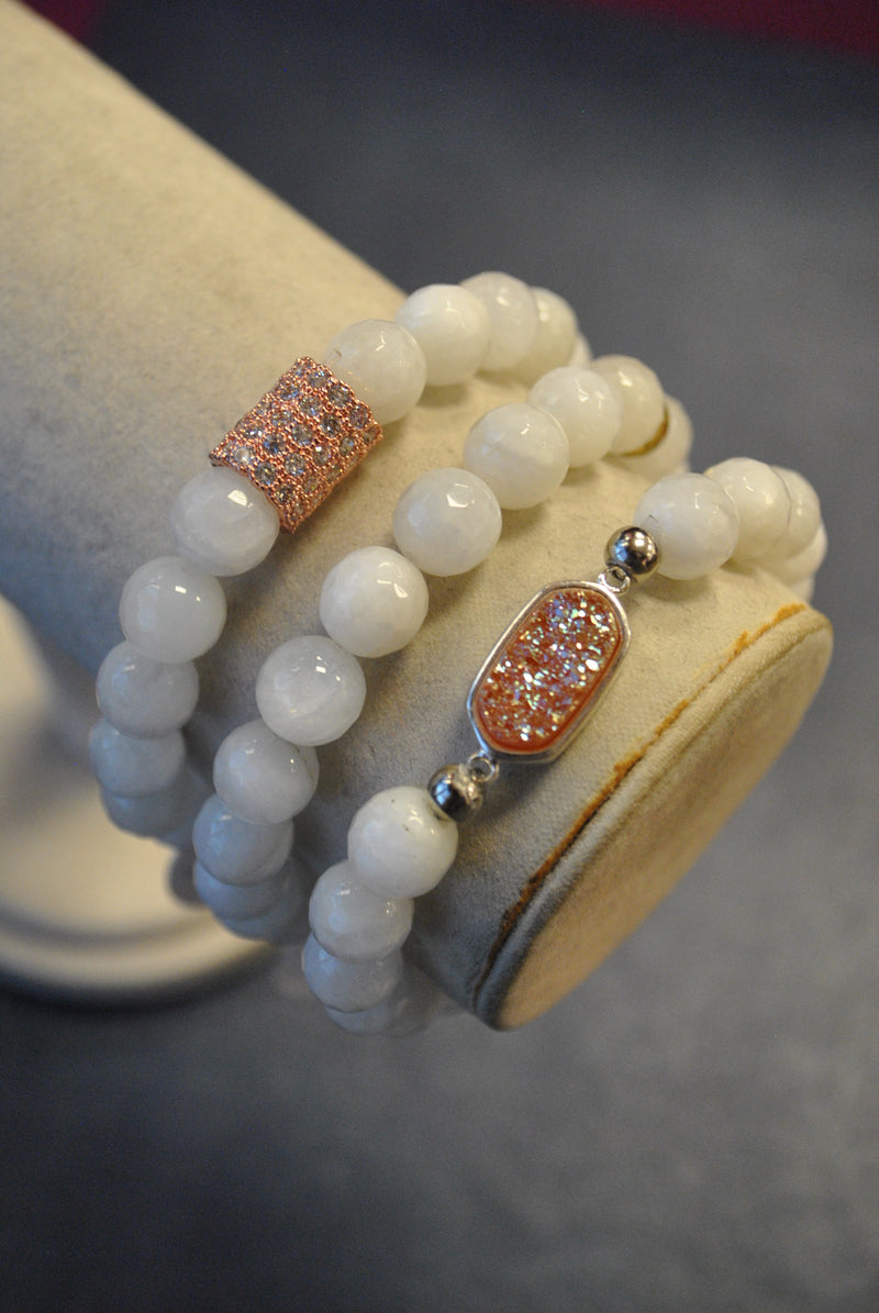 MOONSTONE AND PEACH DRUZY ROSE GOLD RHINESTONES STRETCHY BRACELETS SET