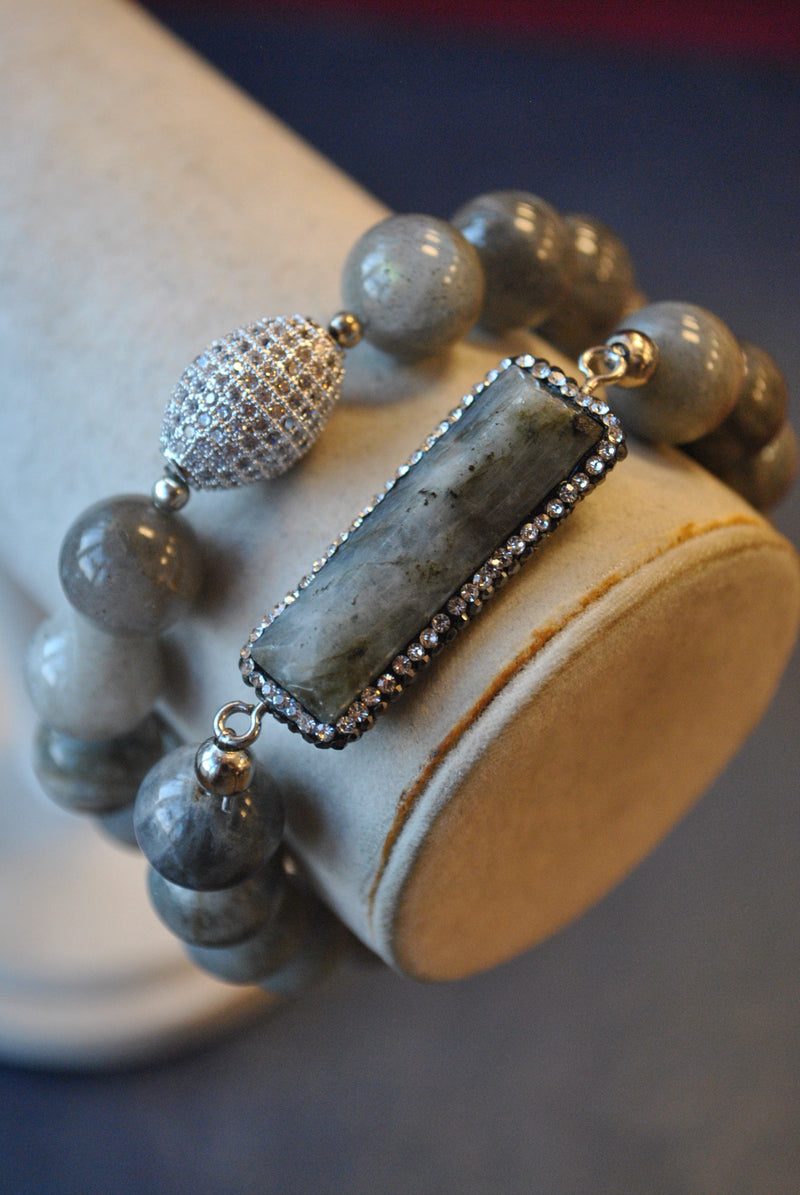 LABRADORITE AND RHINESTONES STRETCHY BRACELETS SET