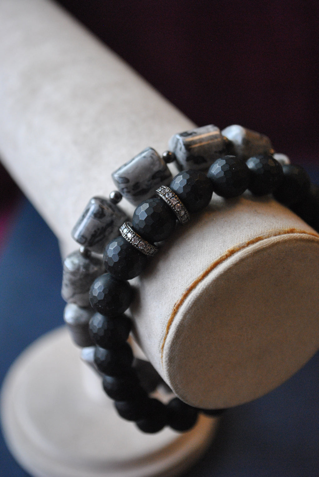MEN COLLECTION - SILVER JASPER AND FROZEN OBSIDIAN STRETCHY BRACELETS SET