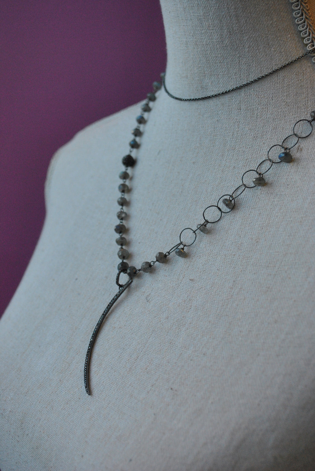 NATURAL LABRADORITE RONDELLES AND RHINESTONES MOON PENDANT STERLING SILVER LONG DELICATE NECKLACE