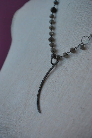 NATURAL LABRADORITE RONDELLES AND RHINESTONES MOON PENDANT STERLING SILVER LONG DELICATE NECKLACE