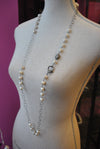 WHITE FRESHWATER PEARLS WITH SWAROVSKI CRYSTALS AND GUNMETAL CHAIN LONG NECKLACE