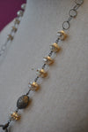 WHITE FRESHWATER PEARLS WITH SWAROVSKI CRYSTALS AND GUNMETAL CHAIN LONG NECKLACE