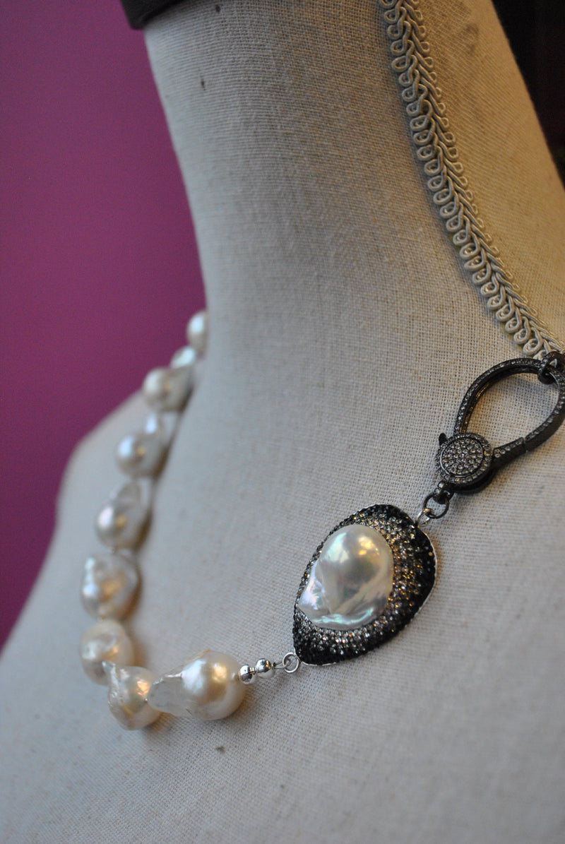 JUMBO FRESHWATER PEARLS WITH SWAROVSKI CRYSTALS AND RHINESTONES CLASP ASYMMETRIC NECKLACE