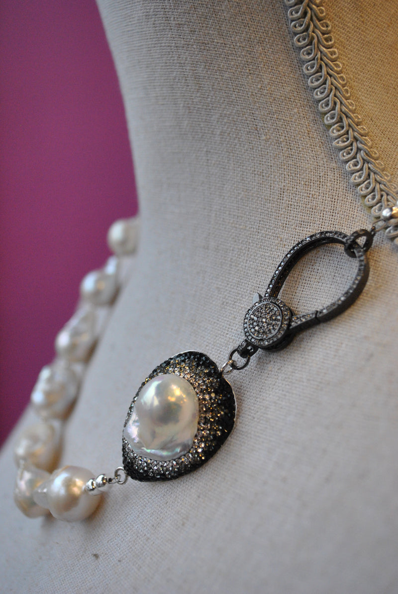 JUMBO FRESHWATER PEARLS WITH SWAROVSKI CRYSTALS AND RHINESTONES CLASP ASYMMETRIC NECKLACE