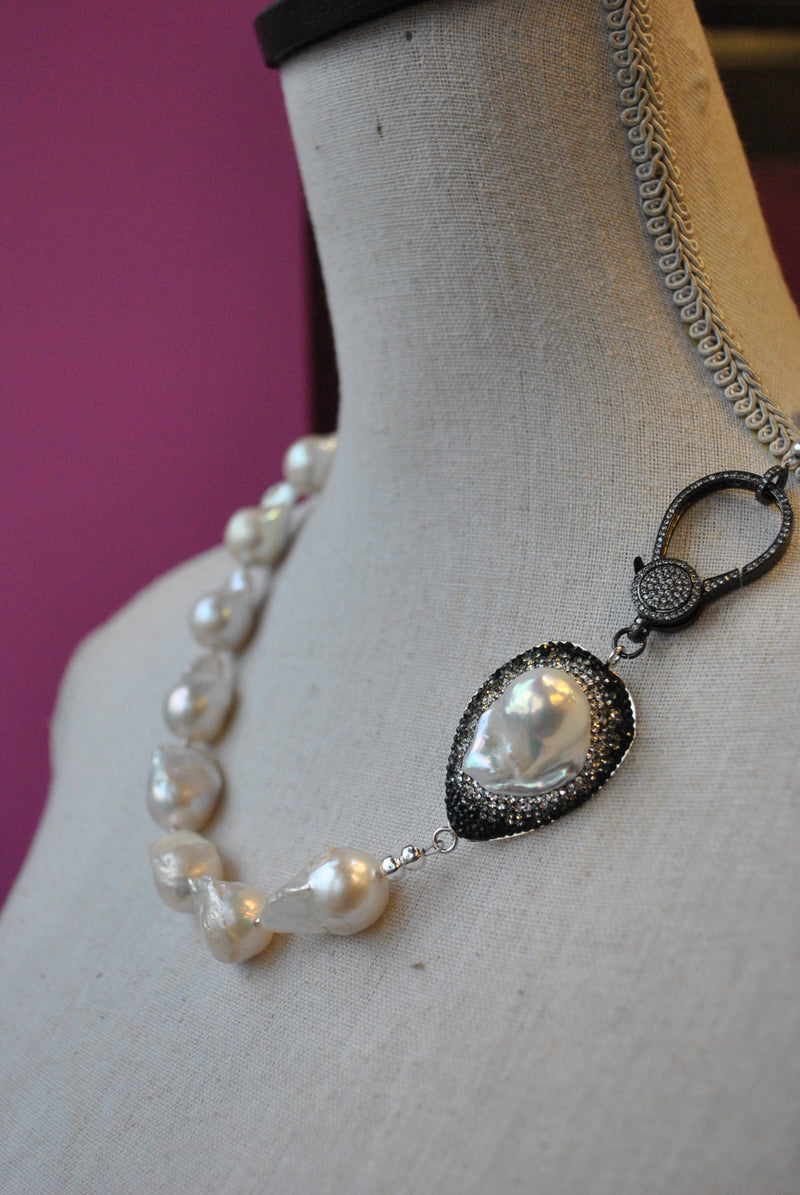 JUMBO FRESHWATER PEARLS WITH SWAROVSKI CRYSTALS AND RHINESTONES CLASP ASYMMETRIC NECKLACE