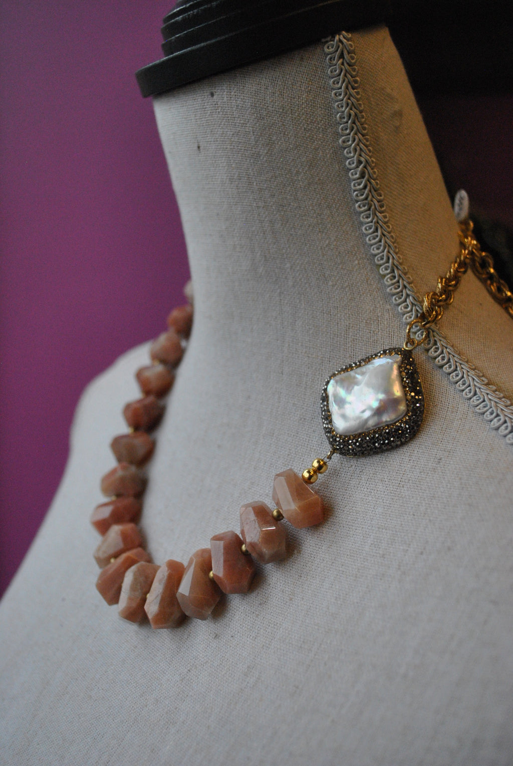 ORANGE SUNSTONE AND MOTHER OF PEARLS WITH SWAROVSKI CRYSTALS ASYMMETRIC NECKLACE