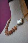 ORANGE SUNSTONE AND MOTHER OF PEARLS WITH SWAROVSKI CRYSTALS ASYMMETRIC NECKLACE