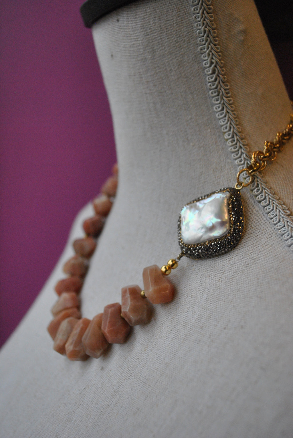 ORANGE SUNSTONE AND MOTHER OF PEARLS WITH SWAROVSKI CRYSTALS ASYMMETRIC NECKLACE