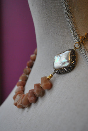ORANGE SUNSTONE AND MOTHER OF PEARLS WITH SWAROVSKI CRYSTALS ASYMMETRIC NECKLACE