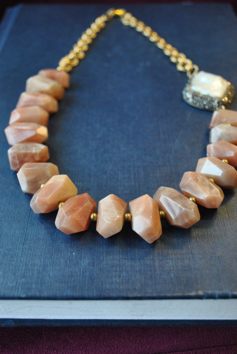 ORANGE SUNSTONE AND MOTHER OF PEARLS WITH SWAROVSKI CRYSTALS ASYMMETRIC NECKLACE