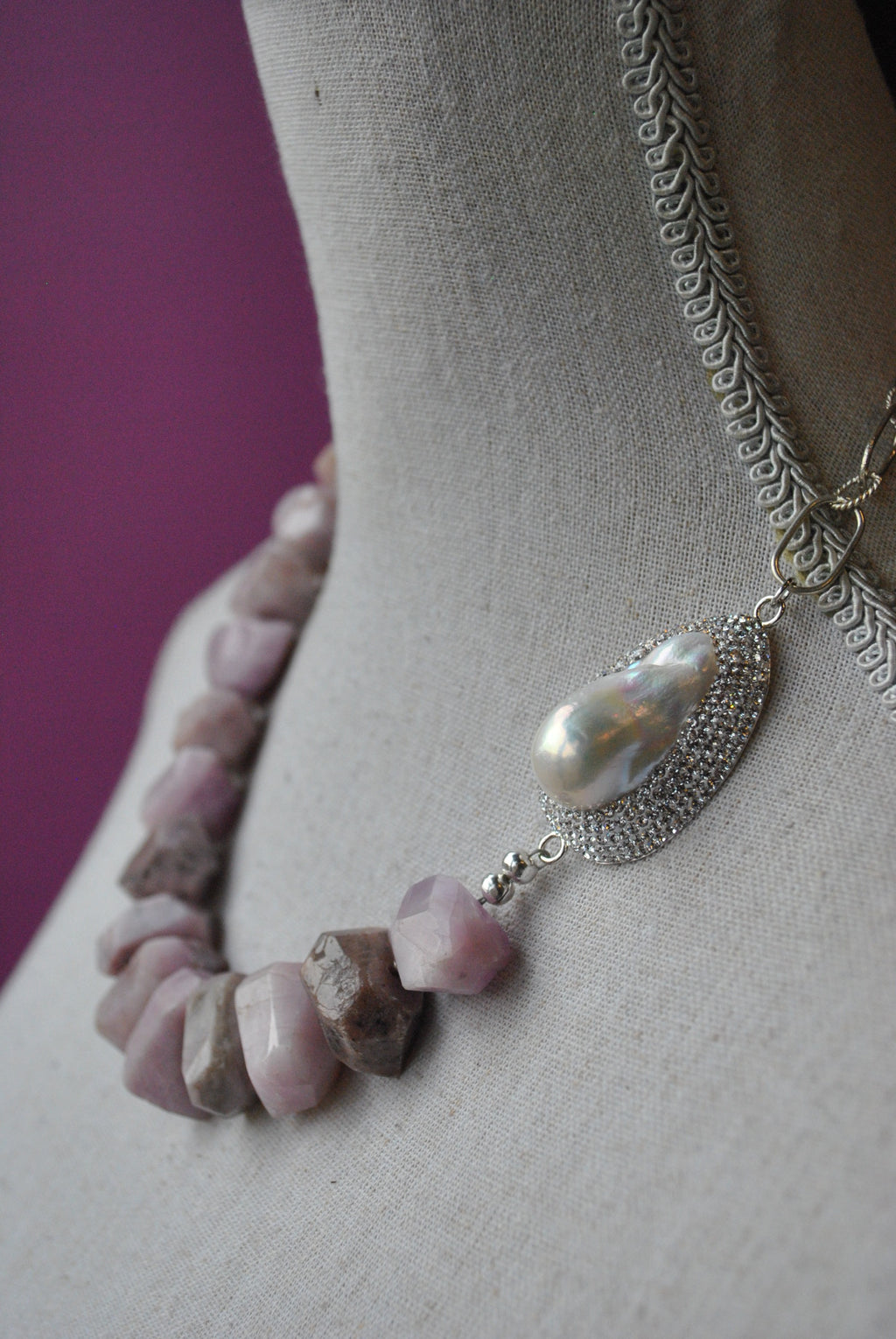 LAVENDER KANZANITE WITH MOTHER OF PEARLS AND SWAROVSKI CRYSTALS ASYMMETRIC STATEMENT NECKLACE