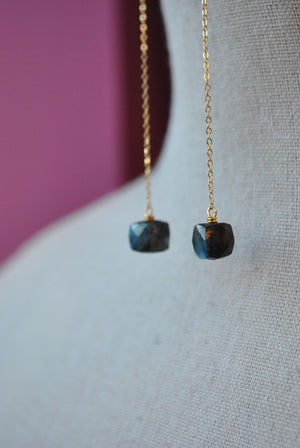 LABRADORITE CUBES LONG DELICATE EARRINGS ON GOLD