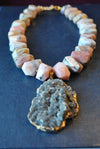 PINK PERUVIAN FREEFORM AND SILVER DRUZY PENDANT STATEMENT NECKLACE