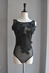 BLACK SHEER BLOUSE WITH PEARLS AND RHINESTONES