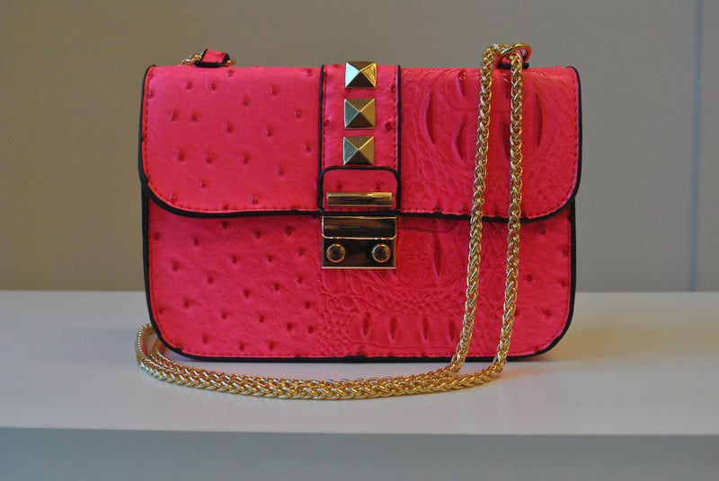 Hot Pink Metallic Leather Crossbody With Flap Close Premium 