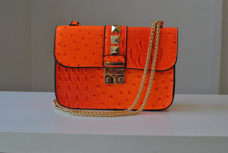 Italian Leather Orange Handbag With Gold Linked Chain