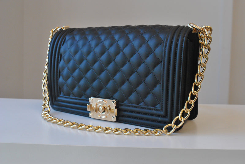 Women's Faux Crocodile Handbag - Gold Chain Strap / Blue