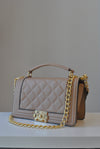SMALL LIGHT BEIGE CROSSBODY BAG WITH GOLD CHAIN