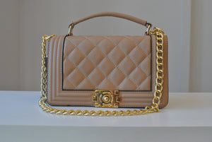 BEIGE QUILTED VEGAN LEATHER CROSSBODY BAG