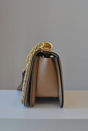 BEIGE QUILTED VEGAN LEATHER CROSSBODY BAG
