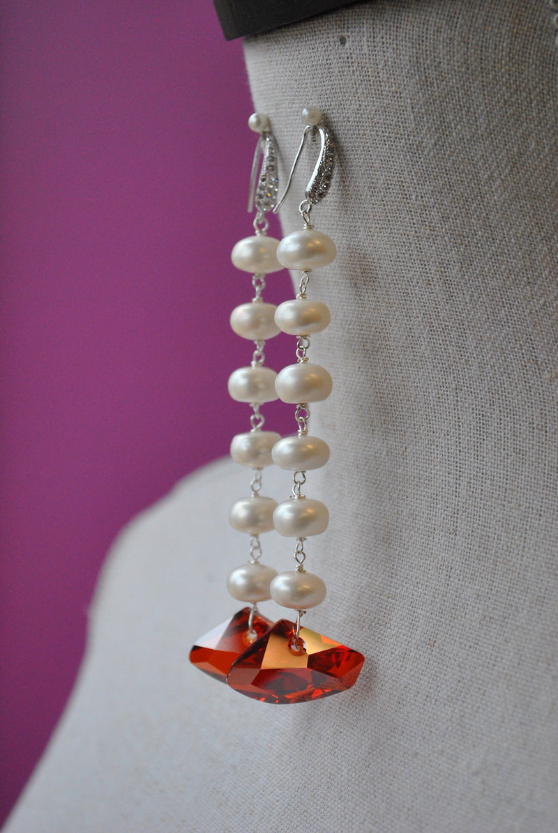 RED MAGMA SWAROVSKI CRYSTALS AND WHITE FRESHWWATER PEARLS LONG EARRINGS