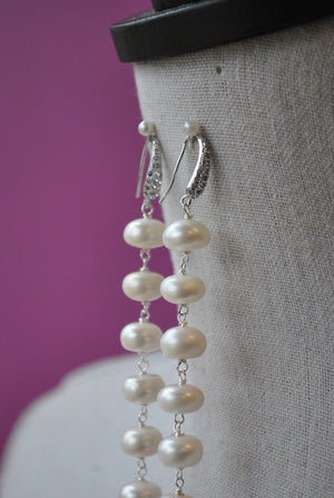 RED MAGMA SWAROVSKI CRYSTALS AND WHITE FRESHWWATER PEARLS LONG EARRINGS
