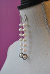 WHITE FRESHWATER PEARLS AND GUNMETAL SWAROCSKI CRYSTALS LONG STATEMENT EARRINGS