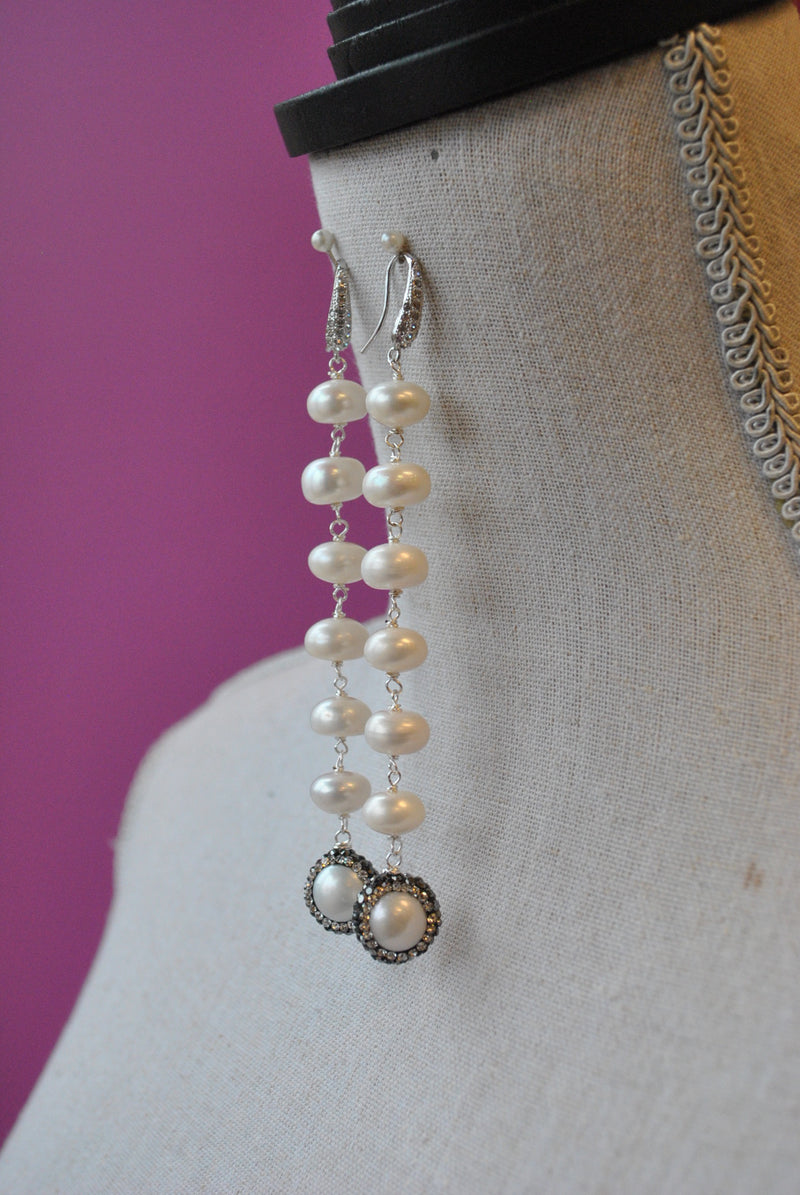 WHITE FRESHWATER PEARLS AND GUNMETAL SWAROCSKI CRYSTALS LONG STATEMENT EARRINGS