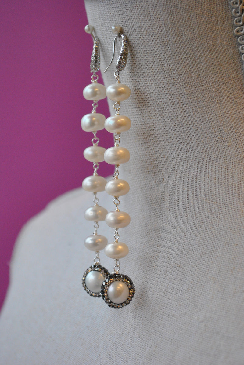 WHITE FRESHWATER PEARLS AND GUNMETAL SWAROCSKI CRYSTALS LONG STATEMENT EARRINGS