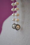 WHITE FRESHWATER PEARLS AND GUNMETAL SWAROCSKI CRYSTALS LONG STATEMENT EARRINGS