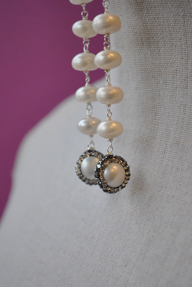 WHITE FRESHWATER PEARLS AND GUNMETAL SWAROCSKI CRYSTALS LONG STATEMENT EARRINGS